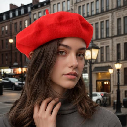 French Beret Hats for Women - Classic Wool Beret Hats Soft Knit Winter Cloche for Daily Outfits - color: Red