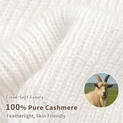 100% Cashmere Beanie for Women and Men, Soft Warm Winter Knit Hat - color: White