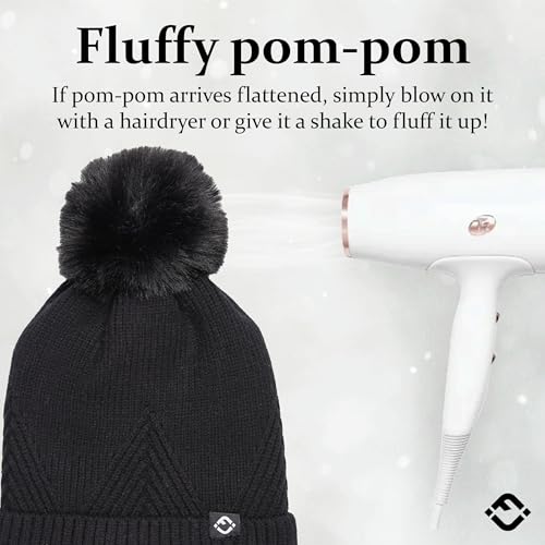 Funky Junque Basics Womens Pom Pom Beanie Winter Hats Cute Diagonal Pattern Fleece Lined Warm Stocking Caps Pompom Toboggan - color: Black