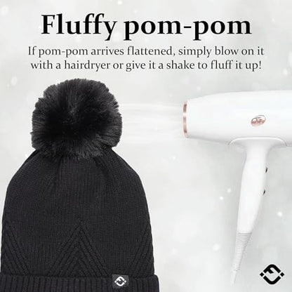 Funky Junque Basics Womens Pom Pom Beanie Winter Hats Cute Diagonal Pattern Fleece Lined Warm Stocking Caps Pompom Toboggan - color: Black