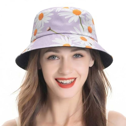 ZLYC Printed Bucket Hat for Women Men Packable Summer Sun Hat for Beach - color: Daisy Purple