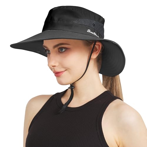 NPJY Ponytail Sun Hats for Women Men Wide Brim UPF Fishing Bucket Hat - color: Pure Black(ponytail Hole)