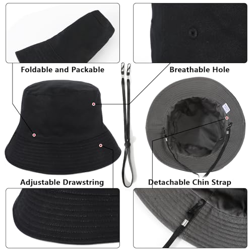 Oversize XXL Bucket Hat, Reversible Cotton Fisherman Hats, Unisex Double Side Wear Bucket Sun Hats with Chin Strap - color: Black-dark Grey, size: XX-Large
