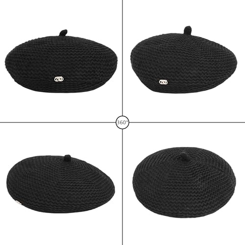 Women Summer Straw Woven Sunhat Classic Beret Artist Painter Sun Hat Cap - color: B Black