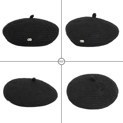 Women Summer Straw Woven Sunhat Classic Beret Artist Painter Sun Hat Cap - color: B Black
