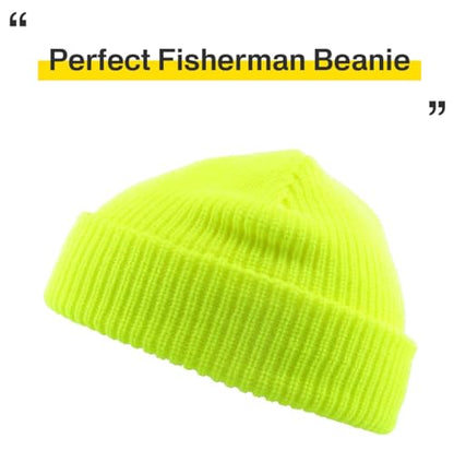 Fisherman Short Beanie Leon Roll up Trawler Classic Skullcap Hipster Beanie Warm Winter Hats Acrylic Ribbed Knit Cuff Daily - color: Neon Lime Fisherman Beanie