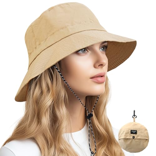 NPQQUAN Sun Bucket Hats for Woman Men Lightweight Sun Hat Packable Foldable - color: (Khaki)