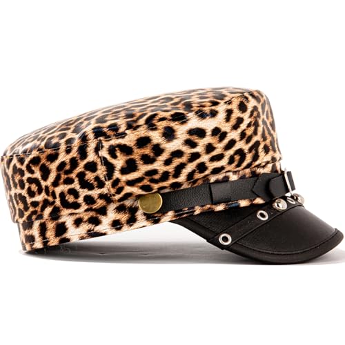 Women's Yacht Captain Sailor Hat, PU Material Newsboy Hat, Stylish Biker Hat, Baker Boy Hat, Peaked Beret - color: Leopard Print