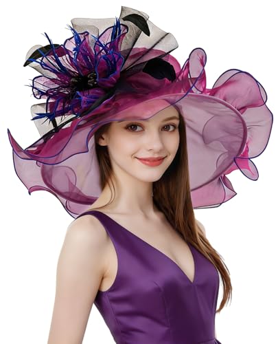 Organza Church Derby Hats for Women Wedding Tea Party Fascinator Floral Wide Brim Sun Hat - color: Style02 Rose Purple