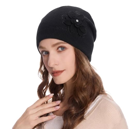 ZLYC Women Floral Slouchy Beanie Hat Double Layer Winter Knit Skull Cap - color: Flower Black