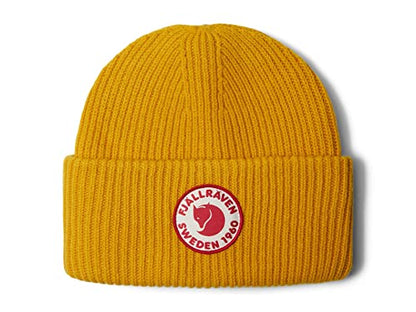 Fjällräven 1960 Logo Hat Beanie - Knit Winter Cap with Folded Cuff, Warm Soft Everyday Outdoor Hat - color: Mustard Yellow
