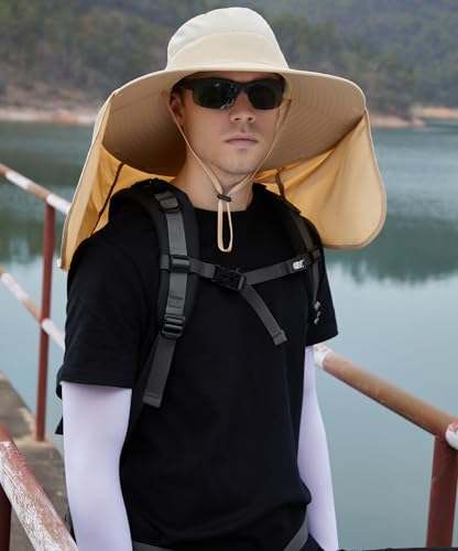 HUAMULAN Women Men Wide Brim Sun Hat Hiking Fishing Hats with Neck Flap - color: Beige With Mesh Panel