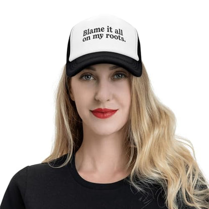 Funny Trucker Hats for Women Country Women's Trucker Hats Breathable Mesh Summer Caps Adjustable Pink Hats - color: Blam It All on My Roots-black
