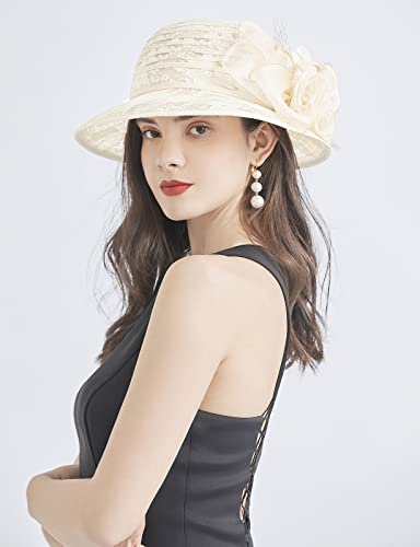 Organza Fascinator Hat - Women’s Wide Brim Church Bridal Tea Party Wedding Hat - color: 03-beige