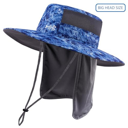 BASSDASH UPF 50+ Sun Fishing Hat Water Resistant with Detachable Neck Flap - color: Blue Camo - Big Head Size