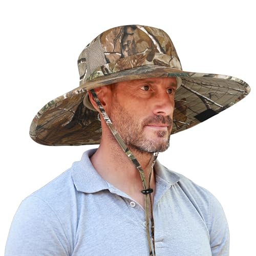 Men Safari Sun Hat Wide Brim Boonie Fishing Cap with Adjustable Drawstring - color: Leaf Woodland Camo