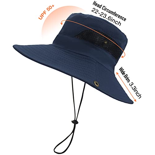 Sun Hats for Men Women UPF 50+ Wide Brim Bucket Hat Waterproof Packable Cowboy Hat for Fishing Beach Safari Gardening Golf - color: Navy
