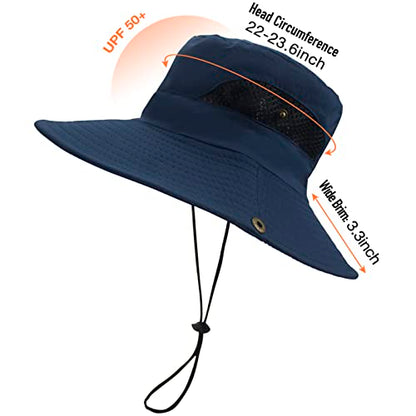 Sun Hats for Men Women UPF 50+ Wide Brim Bucket Hat Waterproof Packable Cowboy Hat for Fishing Beach Safari Gardening Golf - color: Navy