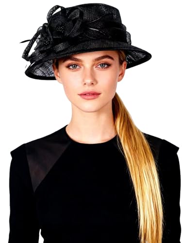 HIMESPORT Retro Sinamay Veil Flower Bride Wedding Fascinator Hat Feather Bowler Hat Hair Accessory Banquet Cocktail Party - color: Black 1