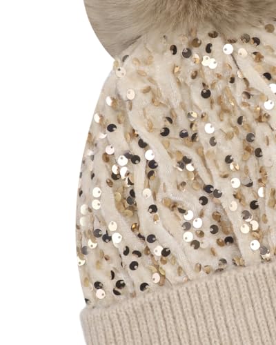 Women Sparkly Sequins Knitted Beanie Hat Warm Winter Skull Cap with Faux Fur Pom Pom - color: X Beige With Knit Cuffs
