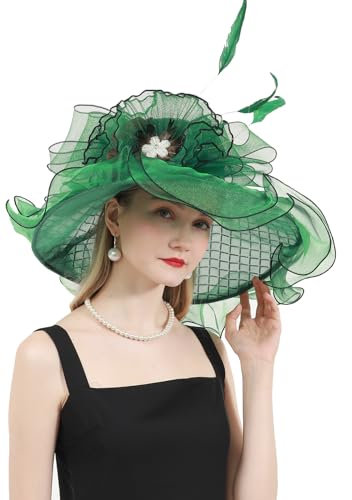 ORIDOOR Women Organza Fascinator Church Derby Hat Floral Tea Party Wedding Hat - color: 868-green