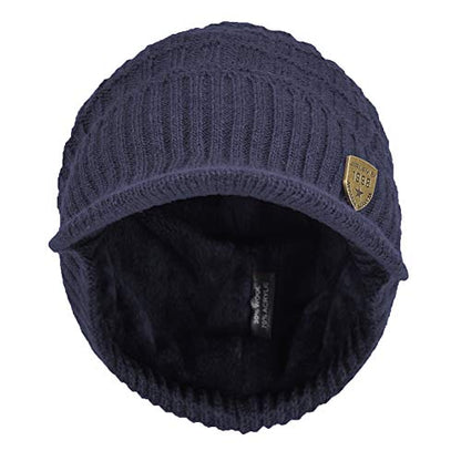 Women's Soft Knitting Visor Beanie Winter Hat with Brim Fleece Lining Baseball Cap - color: Blue