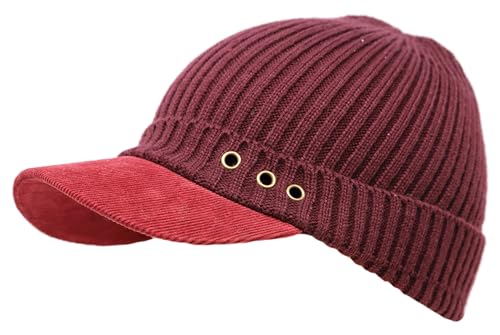 Stretch Knit Brim Beanie Hat for Men & Women – Warm Winter Cap with Visor, Soft Ribbed Cotton Acrylic Blend - color: Red
