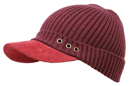 Stretch Knit Brim Beanie Hat for Men & Women – Warm Winter Cap with Visor, Soft Ribbed Cotton Acrylic Blend - color: Red