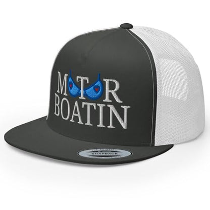 NX Motor Boatin Embroidered Flat Bill Trucker Hat High Crown Snapback Cap - color: Charcoal/ White