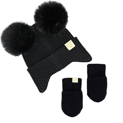 Funky Junque Baby Double Faux Fur Pom Pom Beanie & Mittens Set – Newborn Infant 0–9 Months Winter Hat with Soft Lined Mittens - color: Ear Flap Black W/ Black Mittens (0-9 Months)