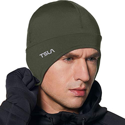 TSLA Men and Women Thermal Fleece Skull Cap, Winter Ski Cycling Under Helmet Liner, Running Beanie Hat - color: Ear Cover Green, size: Medium