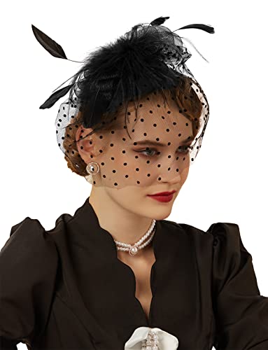 Fascinator Hats for Women 20s 50s Vintage Pillbox Hat Kentucky Derby Fascinators Flower Veil Wedding Tea Party Hat - color: 2-black Set