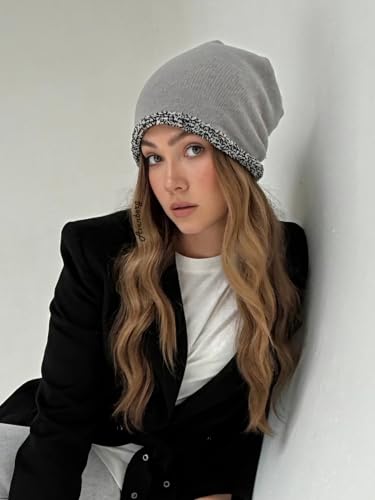 Oversized Slouchy Non-Itchy Knit Beanie Winter Hat for Men & Women - color: Grey / Black & White