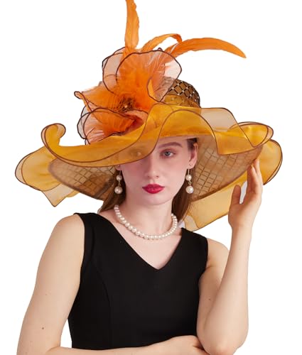 ORIDOOR Women Organza Fascinator Church Derby Hat Floral Tea Party Wedding Hat - color: B2 Orange