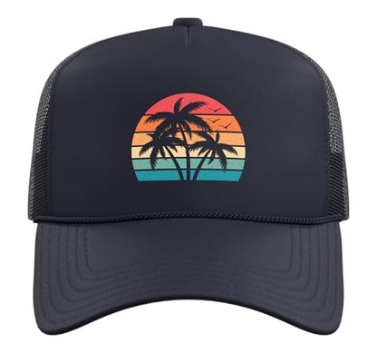 Retro Tropical Beach Palm Trees Hawaii Sunset Men Women Kids Trucker Hat with Adjustable Mesh Back - color: Navy Blue