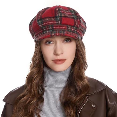 ZLYC Women Classic Newsboy Cap Visor 8 Panel Gatsby Cabbie Paperboy Hat - color: Tartan Plaid Red