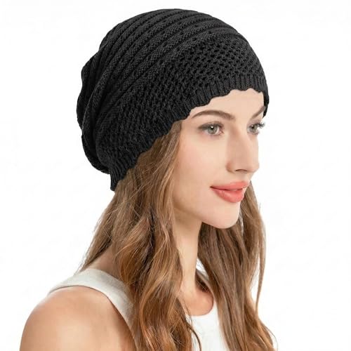 ZLYC Crochet Slouchy Beanie for Women Soft Lightweight Skull Cap - color: Plain Black