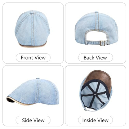 meioro Mens Denim Newsboy Hat 6 Panel Cotton Adjustable Flat Cap - color: Light Blue
