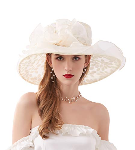 ORIDOOR Women’s Organza Church Tea Party Wedding Fascinator Derby Hat Wide Brim Sun Hats - color: Beige