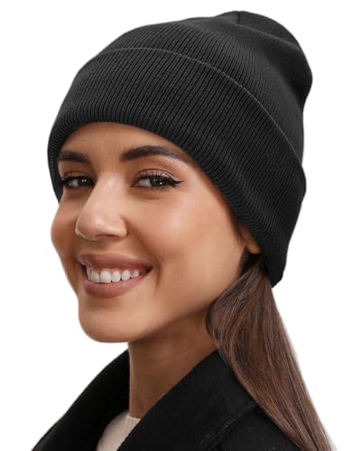 vidsel 100% Cotton Beanie Hat-Unisex Winter Knit Cuffed Beanies Skull Cap - color: 1-black