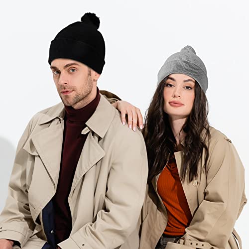 Geyoga 2 Pcs Pom Beanie Hat Men Women Winter Hat Pom Knit Cap Beanies with Ball at Top Acrylic Winter Cap with Cuff - color: Gray, Black, style: Classical