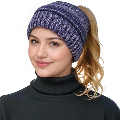 Women Ponytail Beanie 2-Pack, Thick Thermal Soft Acrylic Winter Skull Cap - color: B & E