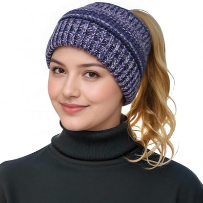 Women Ponytail Beanie 2-Pack, Thick Thermal Soft Acrylic Winter Skull Cap - color: B & E