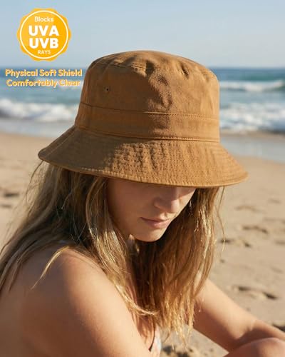HONGTEYA Bucket Sun Hats for Woman Men Cotton Summer Beach Hat Golf Fishing - color: Camel, size: Medium