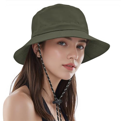 Womens Waterproof Bucket Hat - Packable Sun Hat UV Protection Hiking Hats with Adjustable Drawstring for Outdoor Activities - color: Army Green