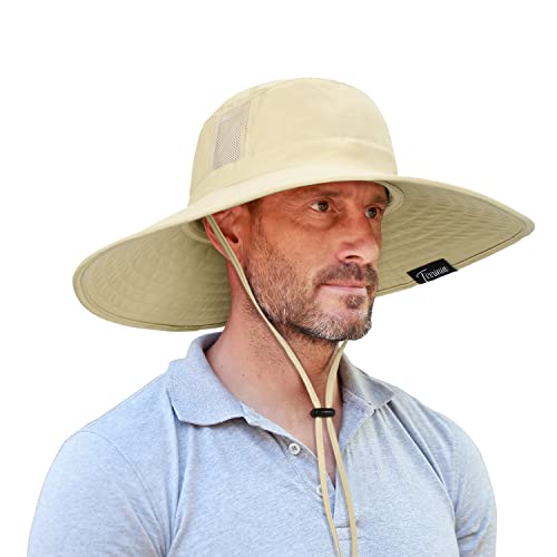 Men Safari Sun Hat Wide Brim Boonie Fishing Cap with Adjustable Drawstring - color: ##Tan