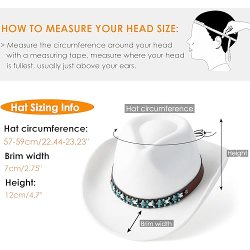 Western Cowboy Hat Felt Wide Brim Women Men Cowgirl Hats - color: B Belt White