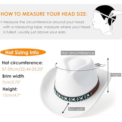 Western Cowboy Hat Felt Wide Brim Women Men Cowgirl Hats - color: B Belt White