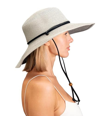 Sloggers Women's Wide Brim Braided Sun Hat with Wind Lanyard - UPF 50+ Maximum Sun Protection - color: Gray
