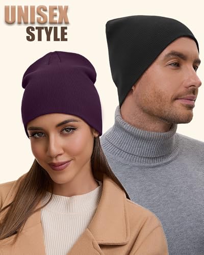 100% Cotton Beanie Hat for Men Women Cuffless Warm Winter Hats - color: 1pcs-purple